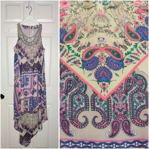 NY Collection embellished paisley patch handkerchief hem maxi dress sz S